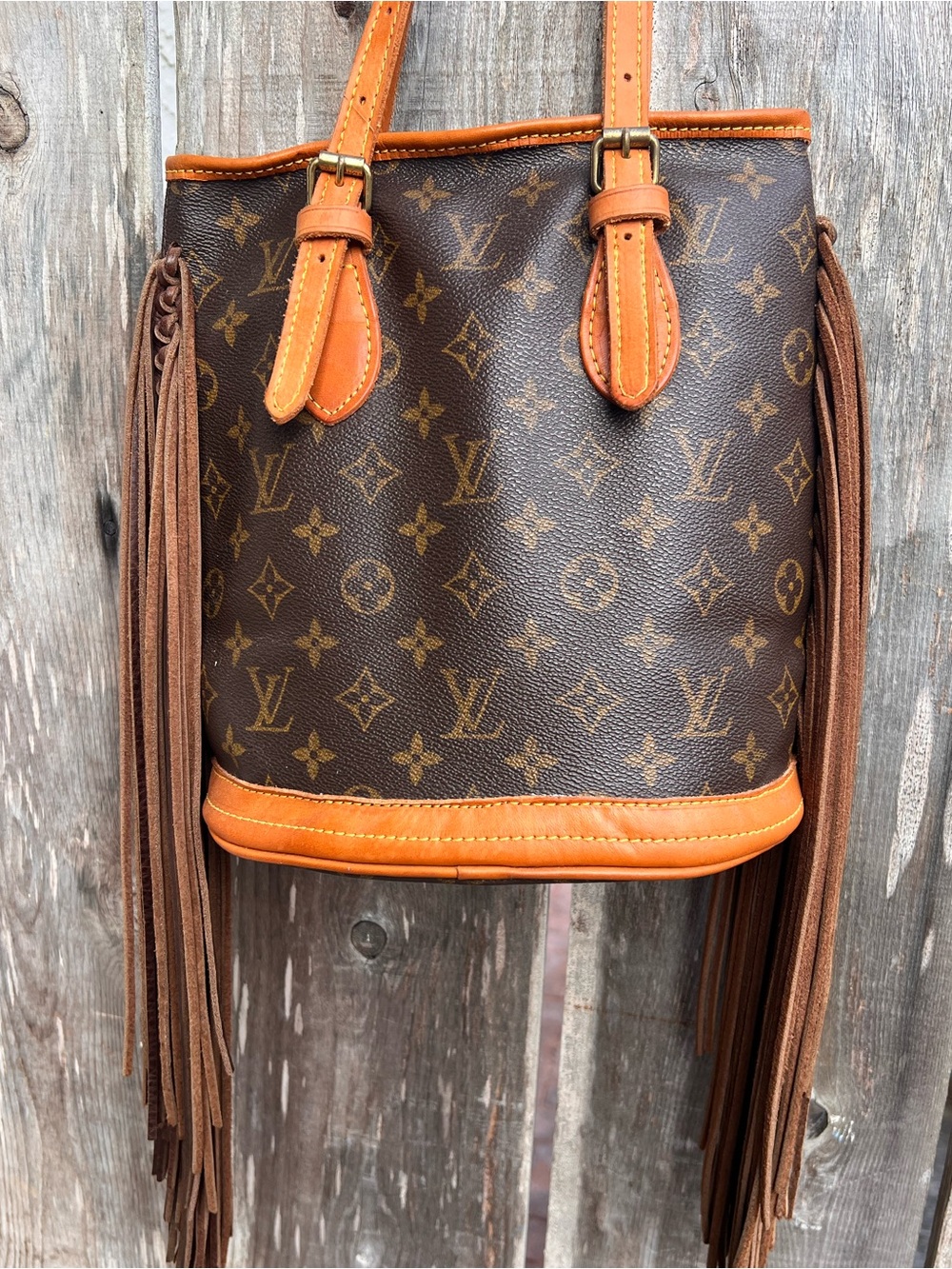 Vintage Boho Louis Vuitton Monogram Bucket Shoulder Bag with Brown Fringe